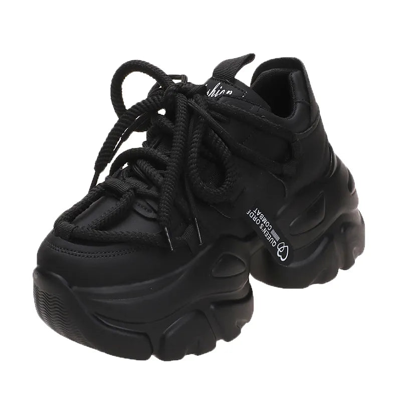 Women High Platform Sneakers 2023 New Autumn Breathable Chunky Dad Casual Shoes 7.5CM Thick Sole Trainers Leather Sneakers Woman black