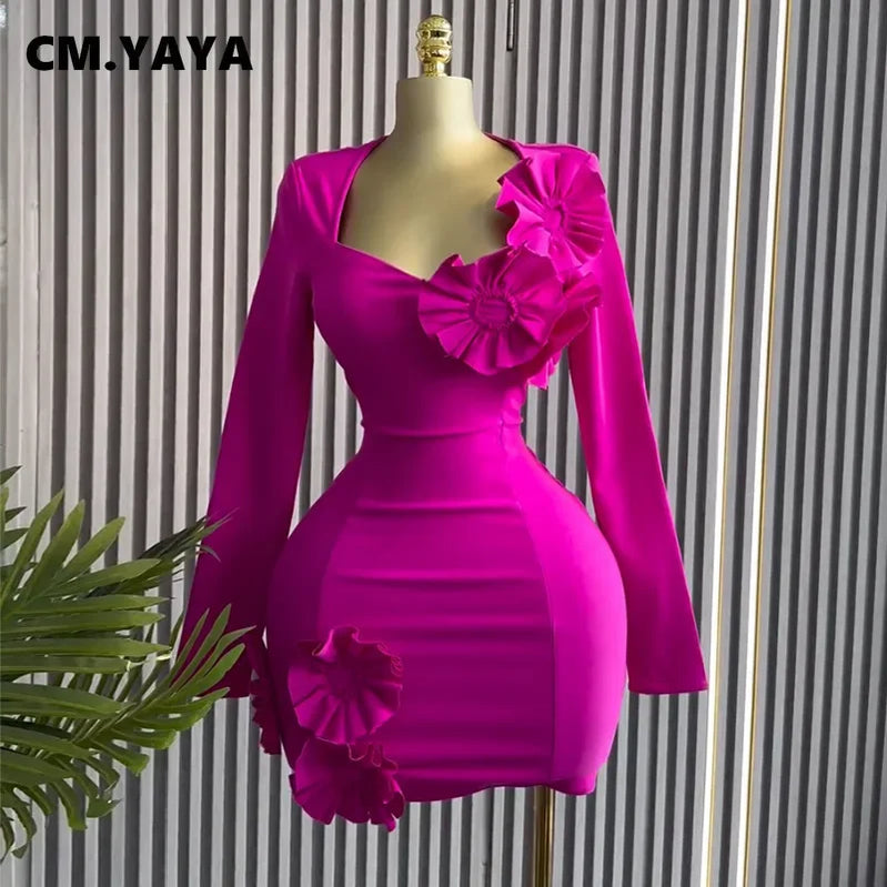 CM.YAYA Women Strapless Mult 3D Flower Long Sleeve Bodycon Mini Dress Sexy Birthday Evening Night Party Club Vestidos Dresses