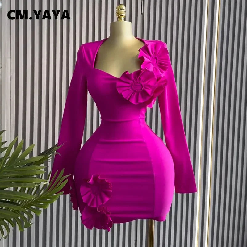 CM.YAYA Women Strapless Mult 3D Flower Long Sleeve Bodycon Mini Dress Sexy Birthday Evening Night Party Club Vestidos Dresses