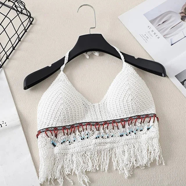 Sexy Boho Beach Holiday Camisole Halter Women Crochet Knit Swimsuit Bra Backless Vest Hollow Tassel Tank Top Women's Crop Tops White-2 One Size