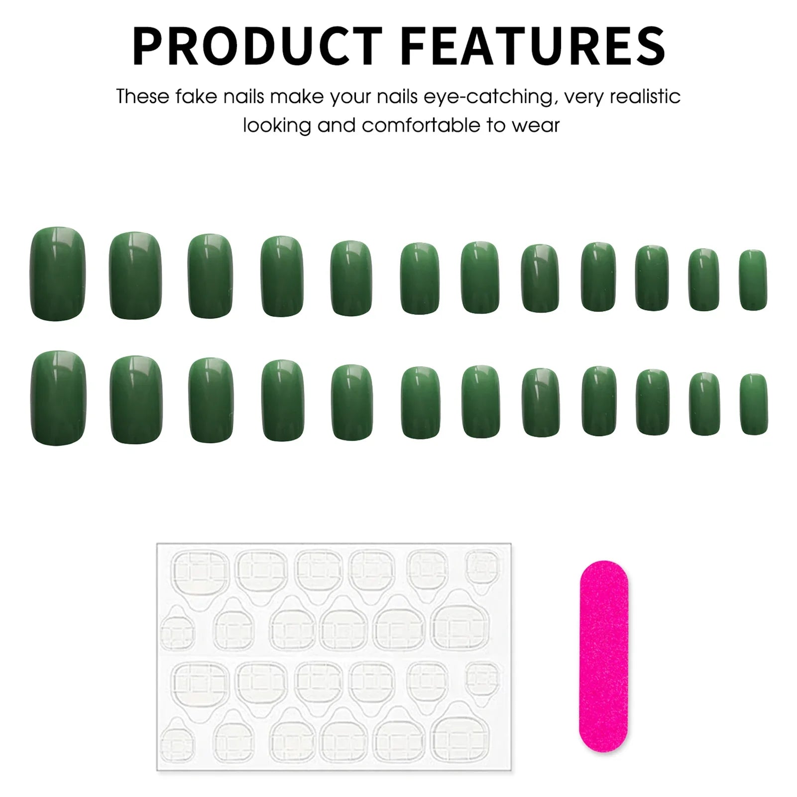 24Pcs Green False Nails Medium-length Square Press On Nails Solid Color Full Cover Acrylic Fake Nails Patches for Women Girls