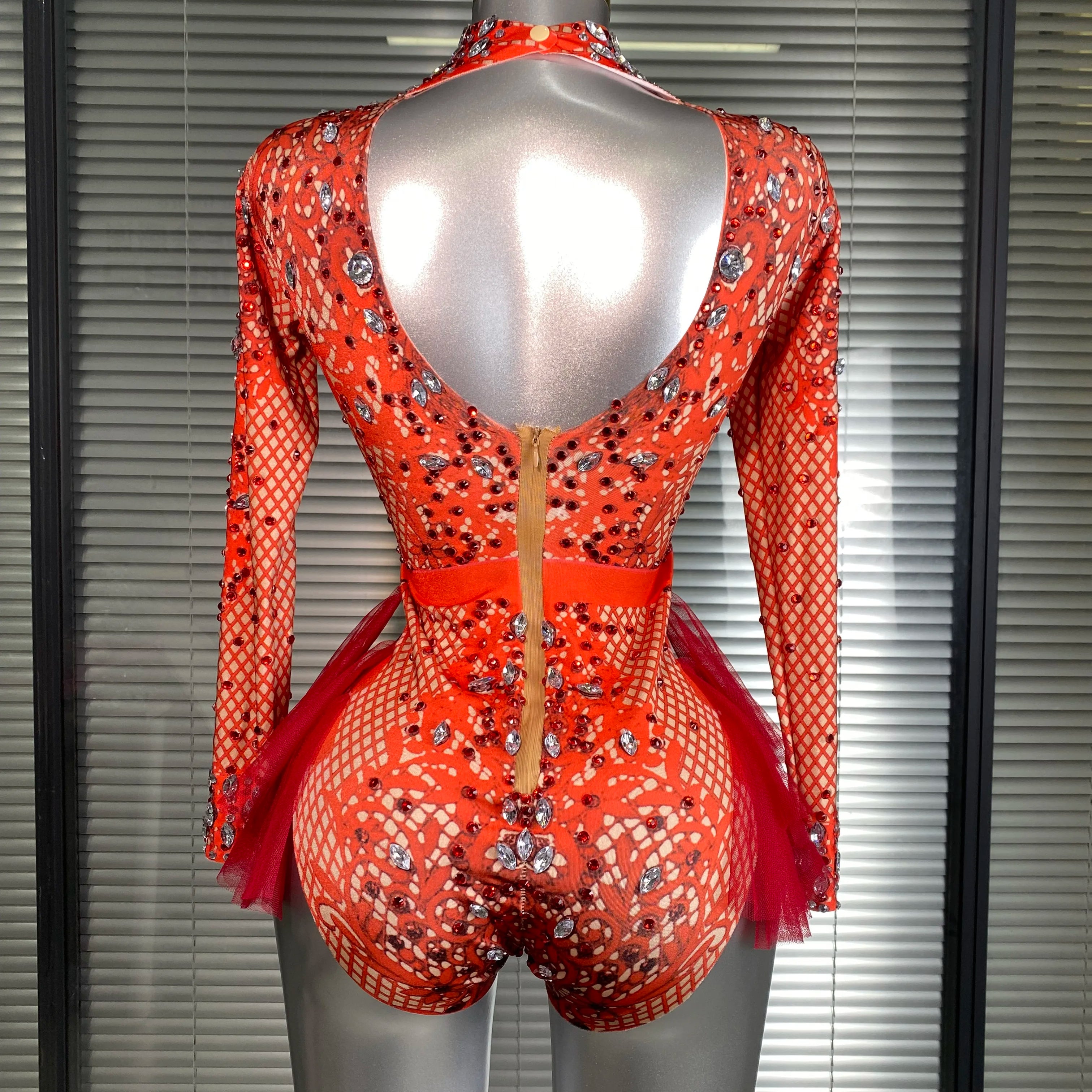 Summer New Women Sexy Skin Red Pink Crystal Stretchy Night Club Singer Dancer Tassel Dancer Stage Costume Party Bodysuit