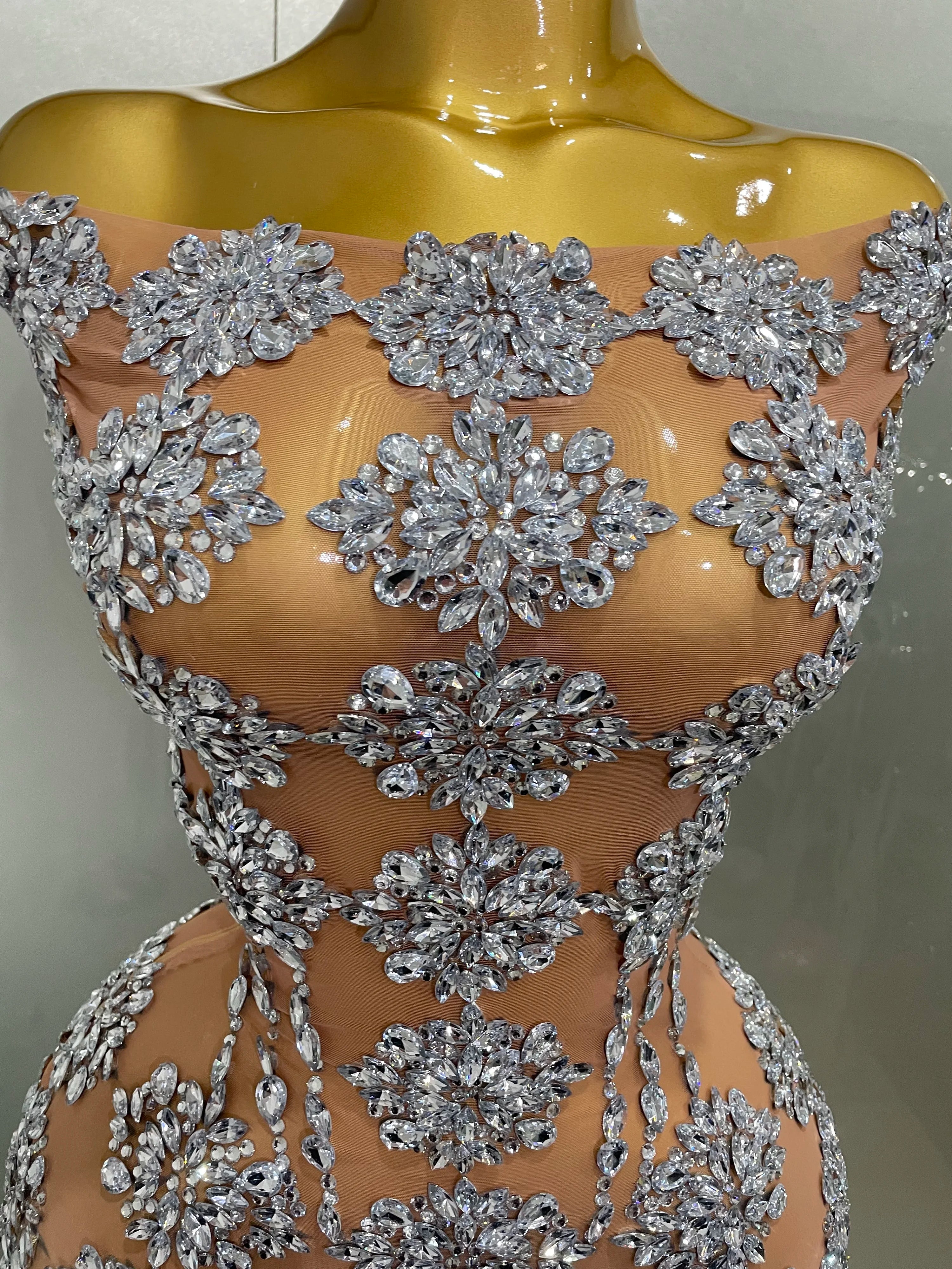 Luxury Sparkly Rhinestone Mesh Mini Dress 2025Women Sexy Nightclub Party Dance Performance Costume Singer Dancer Show Stage Wear