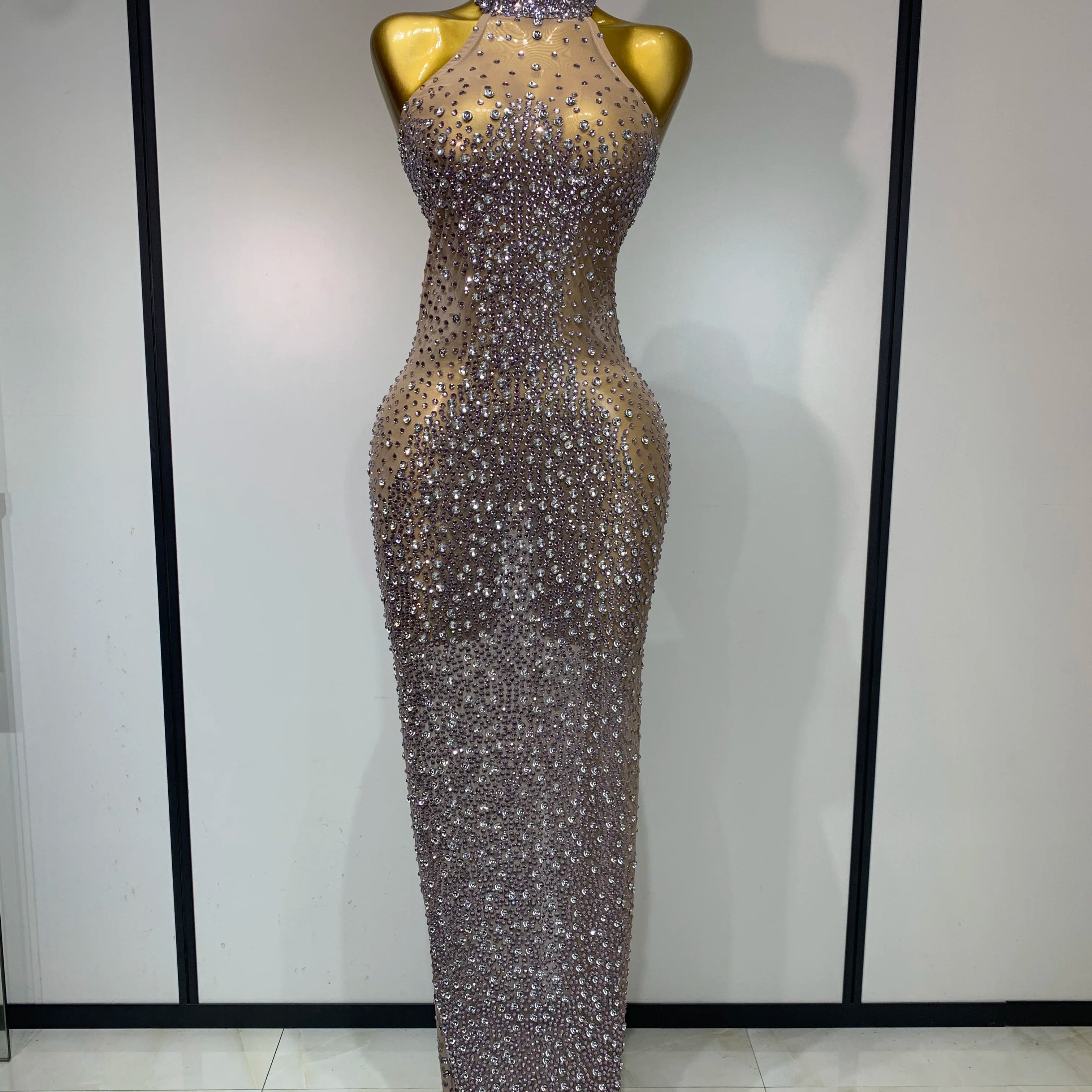 Sparkly Rhinestones Sleeveless Dress Sexy Mesh Transparent Celebrate Evening Wedding Prom Luxury Birthday Dresses Stage Outfit