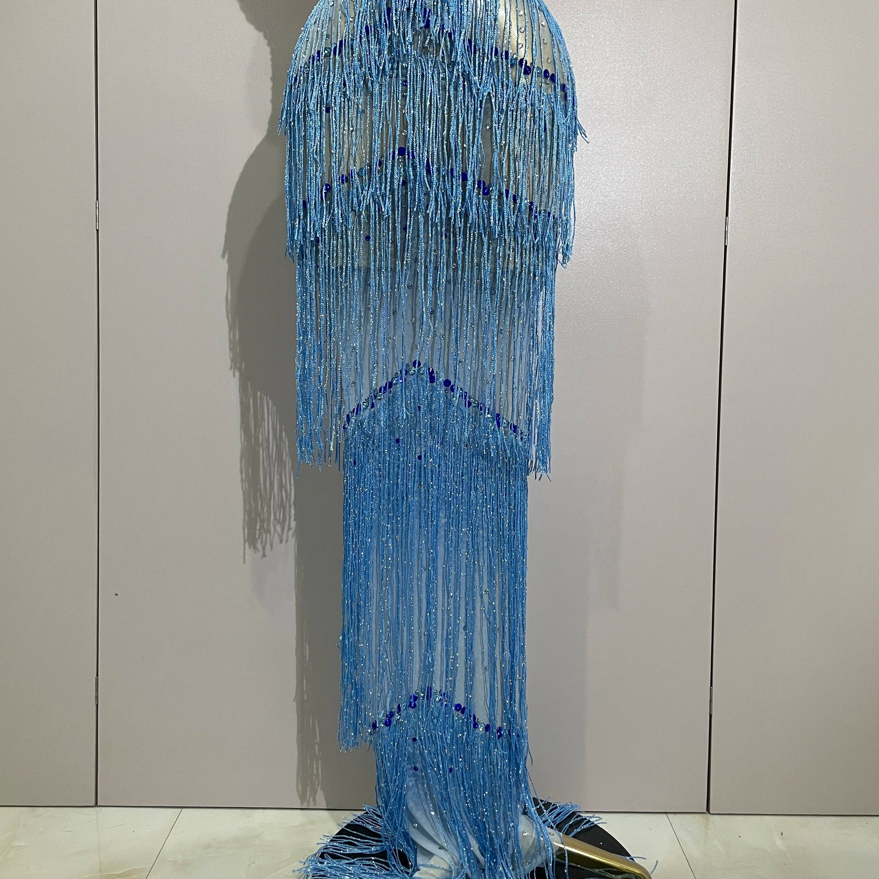 2025 Sparkly Rhinestones Tassel sexy Mesh Slip Long Dress Women Celebrate Evening Prom Birthday paty Dress Photoshoot Stage Wear