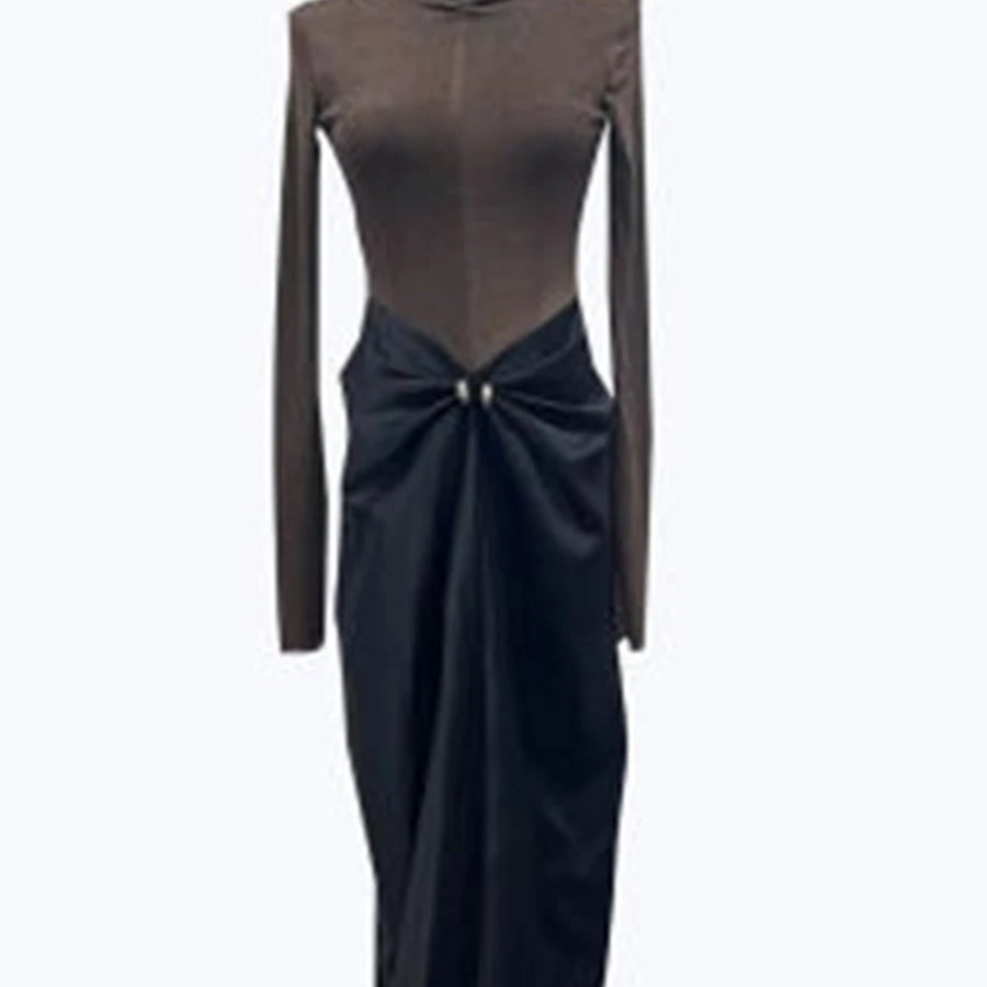 TWOTWINSTYLE Slimming Two Piece Sets for Women High Neck Long Sleeves Minimalism Top High Waist Patchwork Folds Skirt Female New