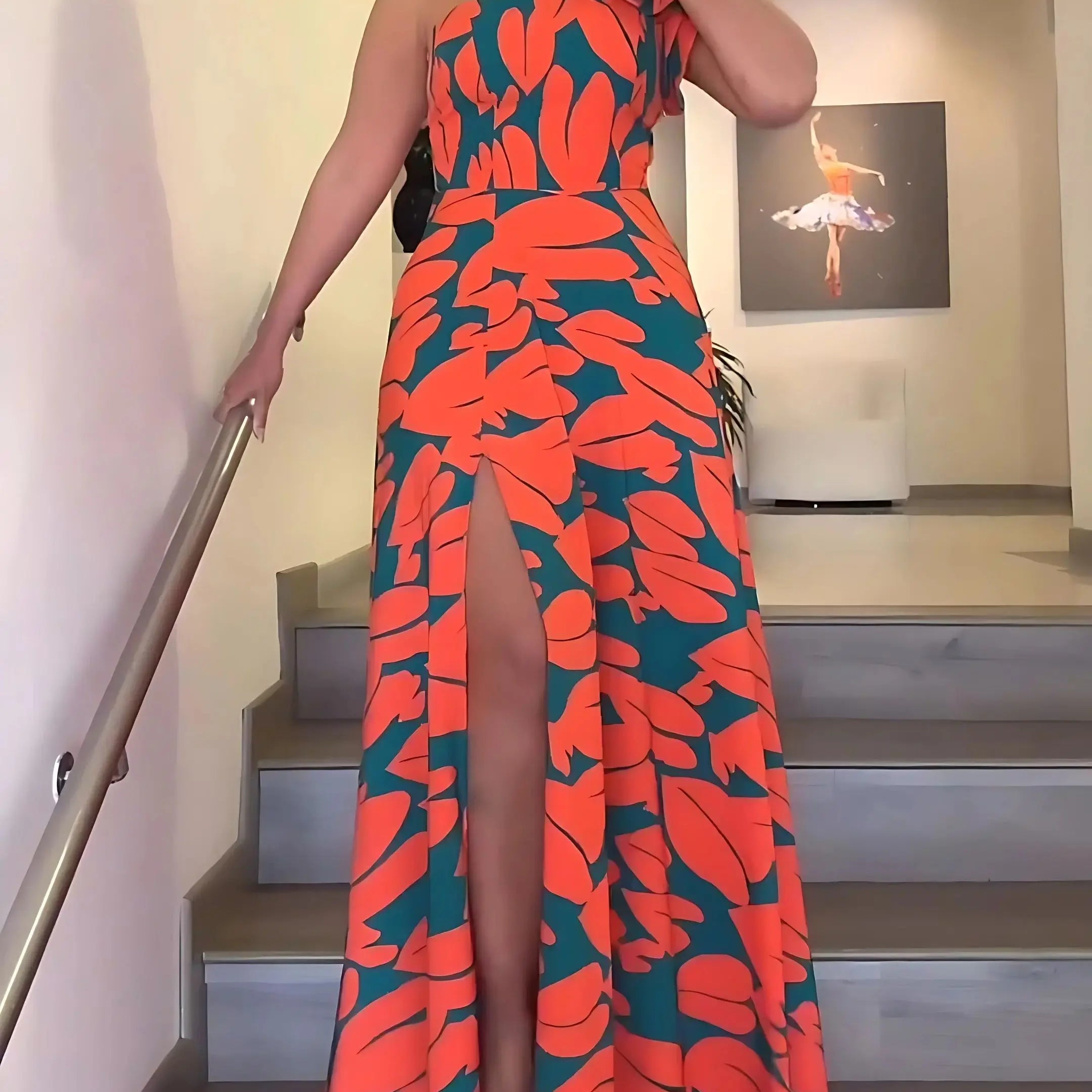 Women's Elegant Floral Printed Long Dresses, Casual Strapless, A Line Dresses, Ladies Side Split, Summer Red