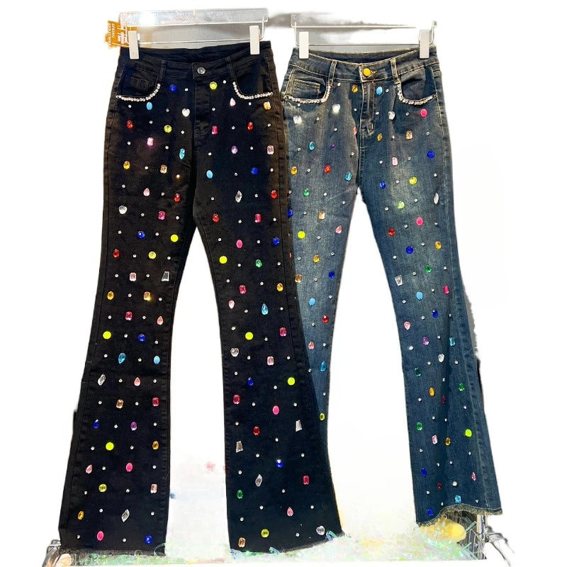 Exquisite Rhinestone Beaded Black Bell-Bottom Pants Women's Autumn Winter Jeans High Waist All-Matching Denim Blue Pants