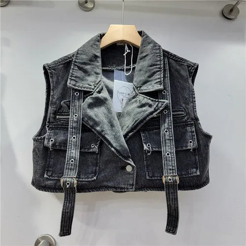 Retro Pink Large Pocket Denim Suit Spring Summer Sleeveless Short Vest High Waist Hip Wrapped Skirt 2 Pieces Sets Women Outfits Black vest