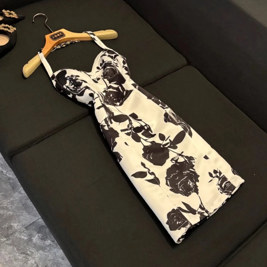 TWOTWINSTYLE Hit Color Slimming Spliced Printing Dresses for Women Halter Neck Sleeveless Temperament Dress Female Fashion New