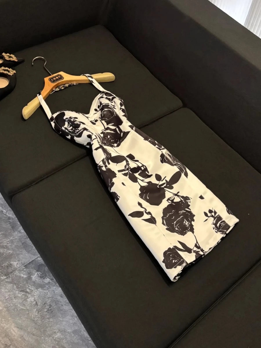 TWOTWINSTYLE Hit Color Slimming Spliced Printing Dresses for Women Halter Neck Sleeveless Temperament Dress Female Fashion New