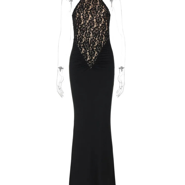 Lace Halter Backless Sexy Maxi Dress For Women Black Off-shoulder Strapless Sleeveless Bodycon Club Party Long Dress
