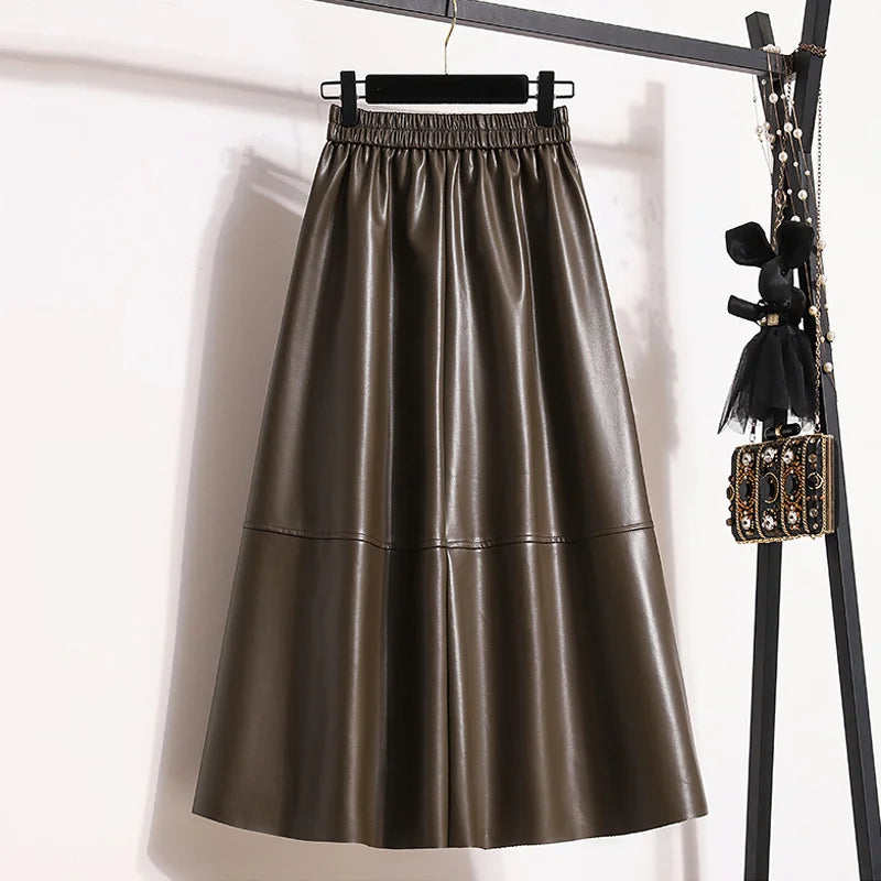 Large Size 4XL Black Long Vintage Faux Leather Skirt Women Autumn Winter Fashion A-Line Skirt Female Elegant PU Skirt Brown