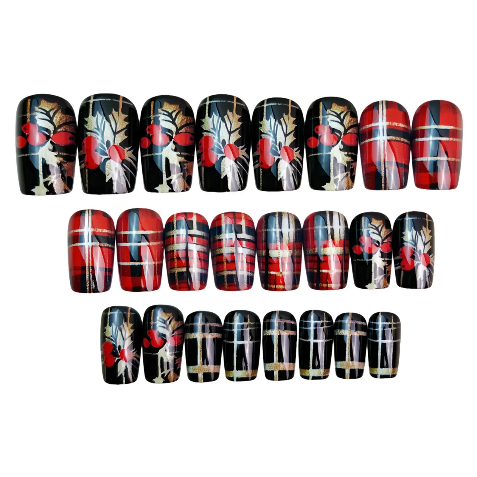 24Pcs Christmas Fake Nails Red/Gold/Black Striped Designs Short Square Press On Nails For Women New Year Party Charm Manicure