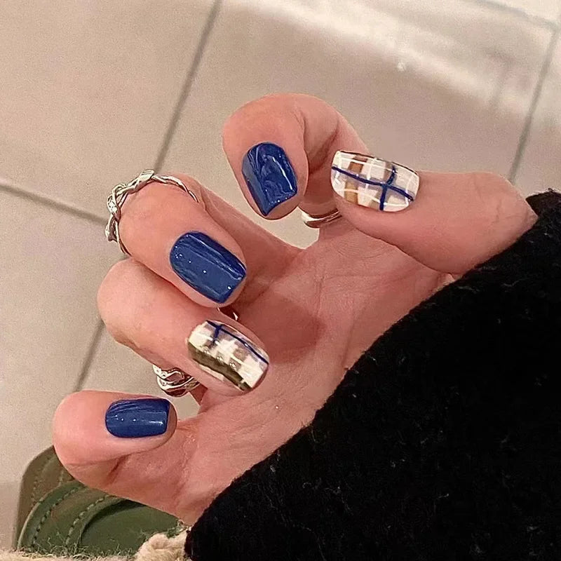 24Pcs Blue Plaid Pattern Press on Nails New Premium Short Style Versatile Design Nails Perfect Gift for Women and Friends