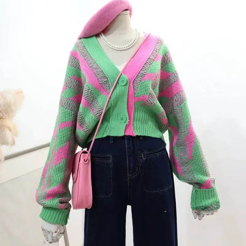 Women Color Block Green Crop Cardigan High Street Long Sleeve Knit Top Autumn Winter New in Korean Dongdaemun Fashion