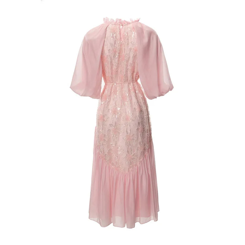 TWOTWISTYLE Solid Loose Spliced Embroidery Elegant Dresses for Women Round Neck Half Sleeves Patchwork Sequins Dress Female New