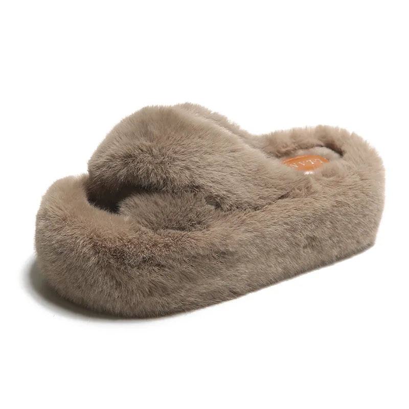 Chunky Platform Fur Slippers Women Winter Thick Bottom Furry Outdoor Slippers Woman Plus Size 42 Short Plush Designer Shoes khaki