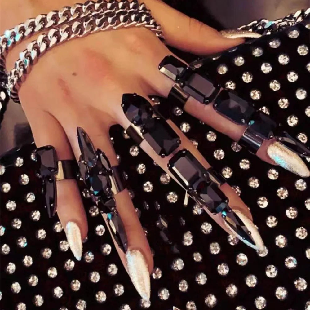 5pcs/set Crystal Square Stone Adjustable Cuff Rings Wedding Jewelry for Women Luxury Rhinestone Geometric Open Finger Rings Black