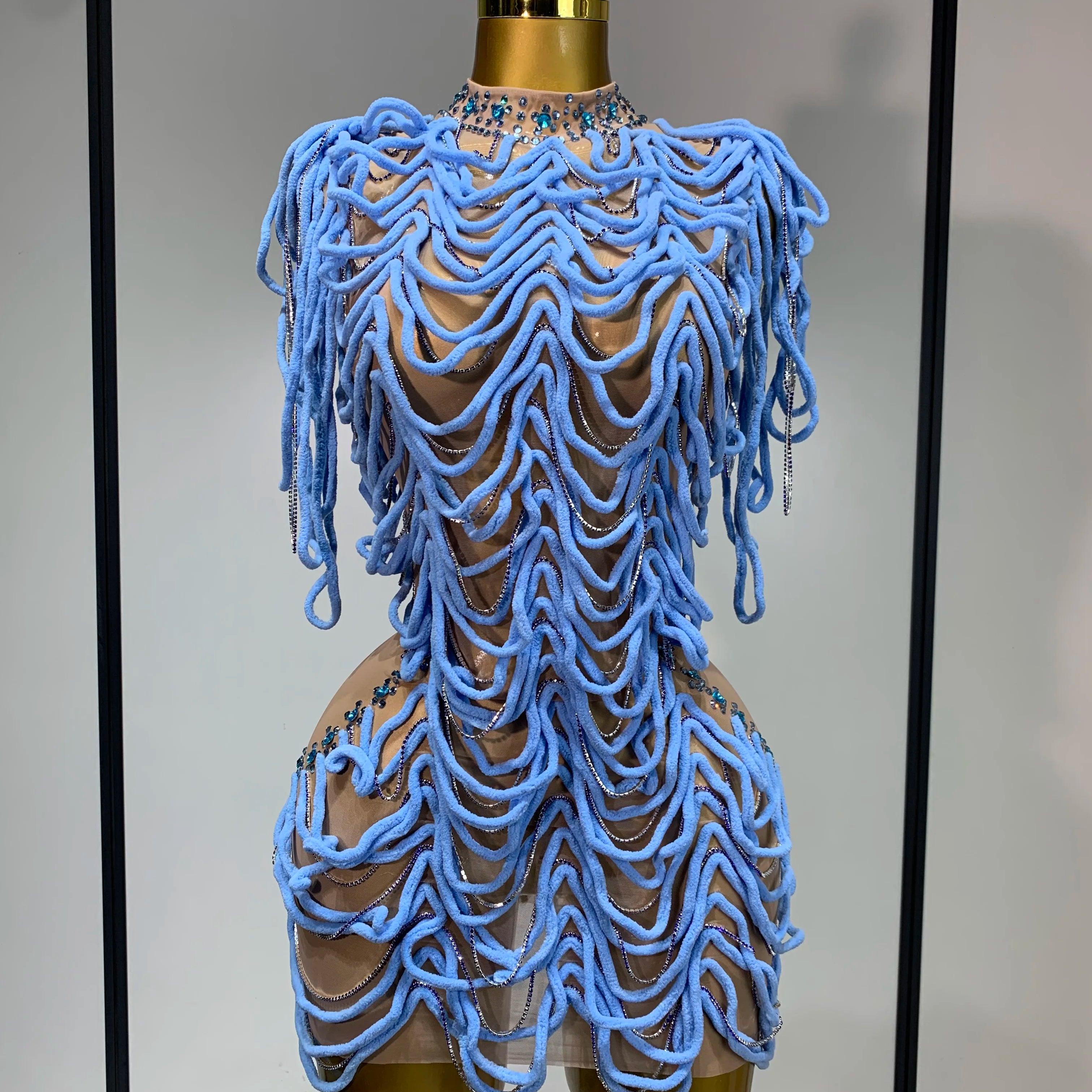 Women Sexy Fashion Short Dress Mesh Designer Rhinestones Chain Stage Costume Nightclub Celebrate Party Performance Outfit