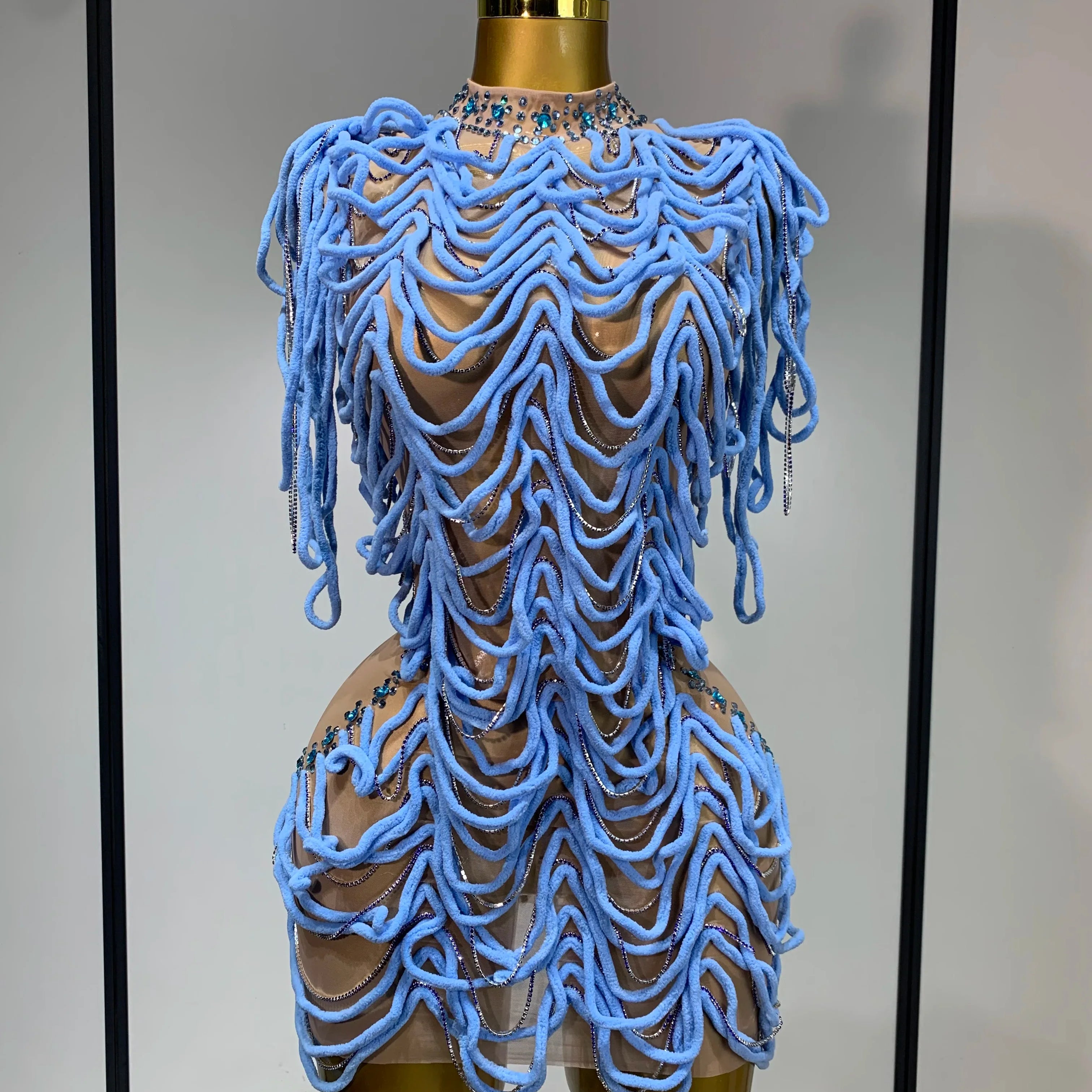 Women Sexy Mesh See Through Sparkly Rhinestones Chain Stage Costume Nightclub Celebrate Evening Party Performance Outfit