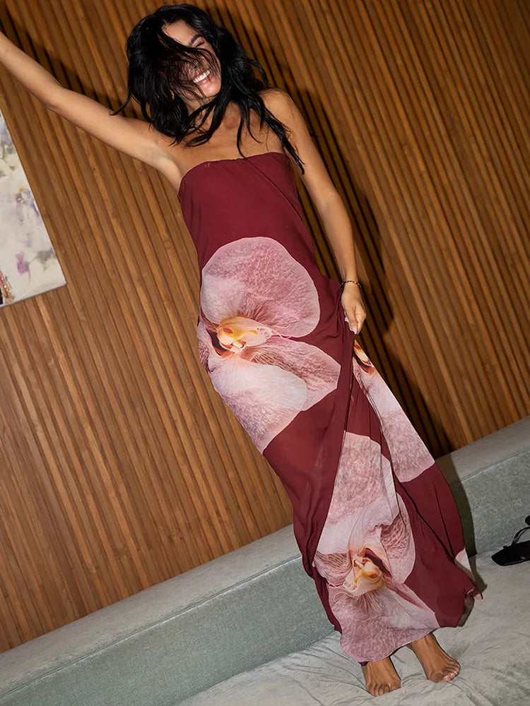 Floral Print Strapless Sexy Maxi Dress For Women Gown Patchwork Off-shoulder Backless Sleeveless Print Long Dress