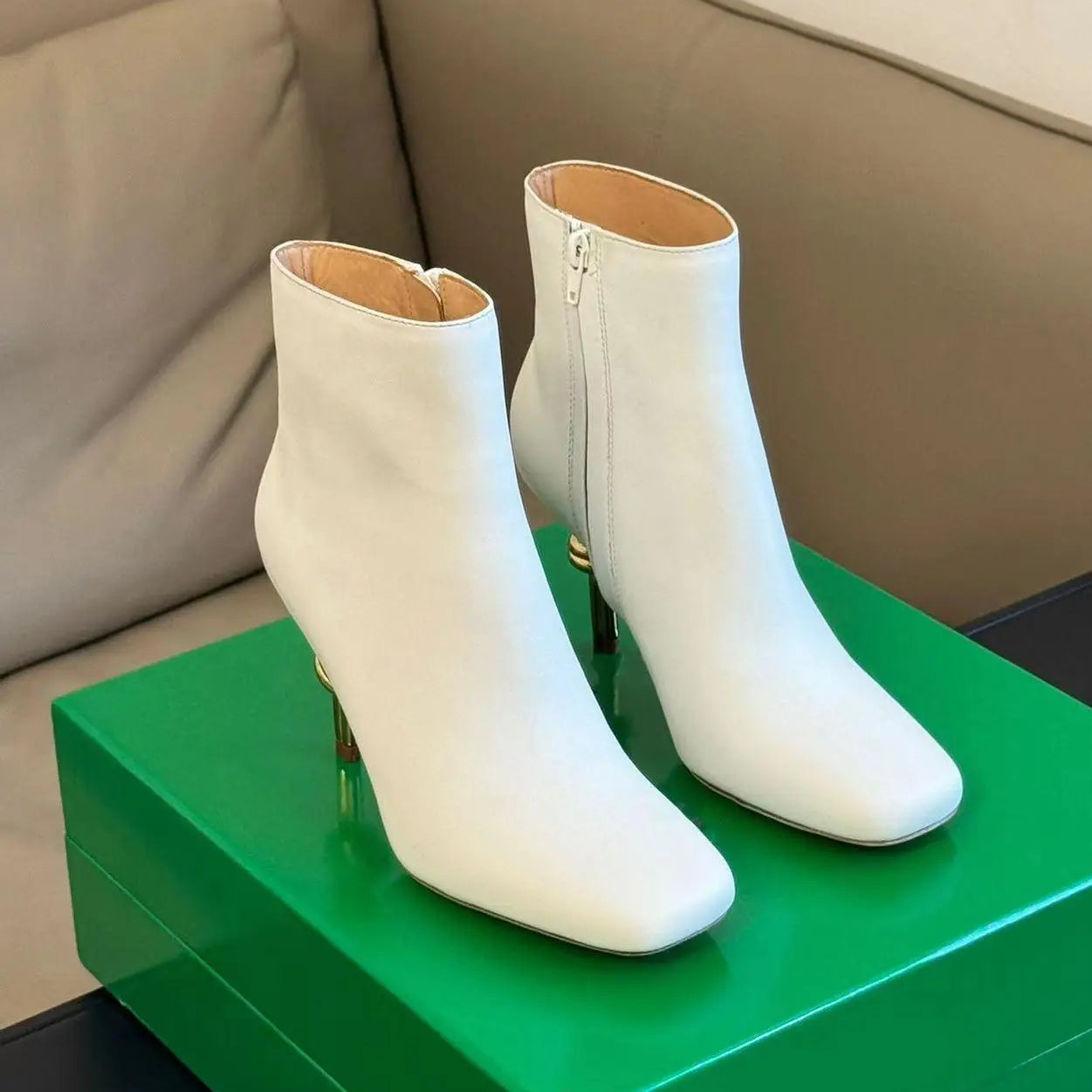 New Arrival Women Metal Knot Shaped Heel Boots High Heel Ankle Nude Boots Elegant Office Side Zip Square Toe Heels Boots