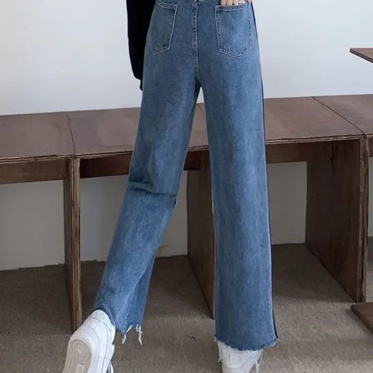 Korean Ankle Length New Hight Waist Side Stripe Straight Jeans Woman Baggy Big Size 5xl Wide Leg Denim Pants Spring