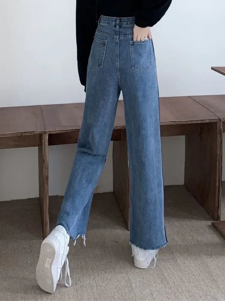 Korean Ankle Length New Hight Waist Side Stripe Straight Jeans Woman Baggy Big Size 5xl Wide Leg Denim Pants Spring
