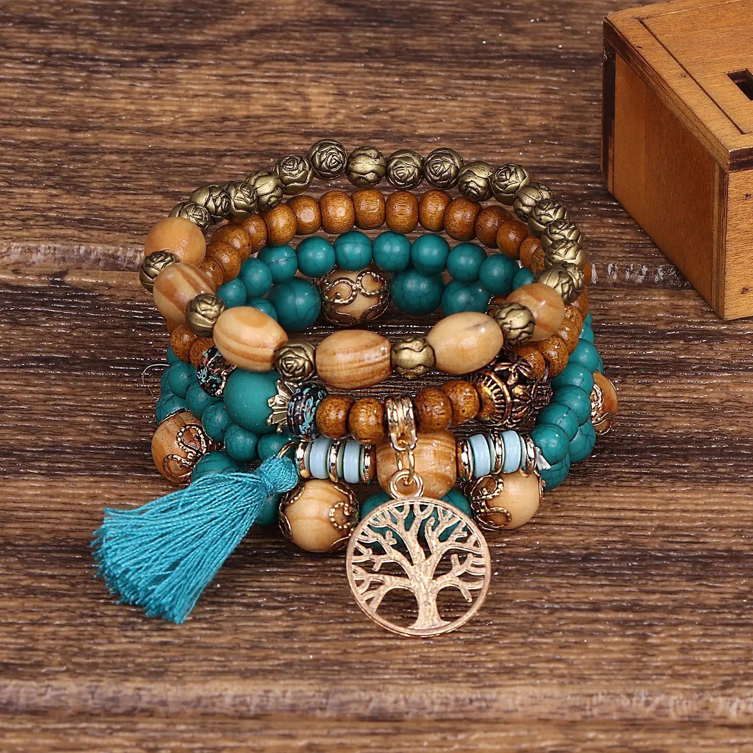 Bohemian Bracelet Creative Ladies Tree of Life Jewelry Tassel Multi-layer Wooden Beaded Ethnic Style Fashion Women Bracelets