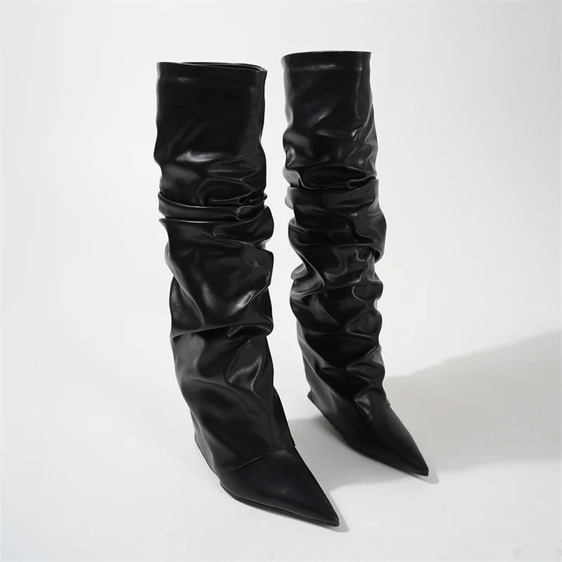 Pleated Black Leather Women's Knee High Boots Sexy Slip On Wedges Shoes Party Ladies Pointed Toe Women High Knee Botas Femininas