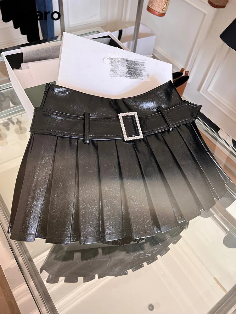 Spring Summer Black Shiny Patent Pu Leather Mini Pleated Skirt Women Belt High Waist Short Luxury Designer Y2K Clothes