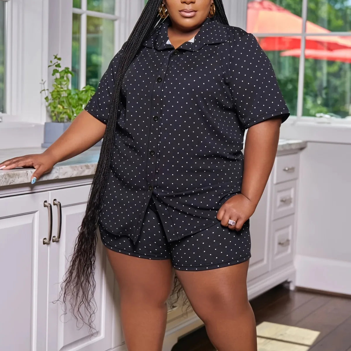 Plus Size Summer Polka Dot Print 2 Two Piece Set Women Casual Fashion Ladies Blouses High Waist Loose Woman Shorts