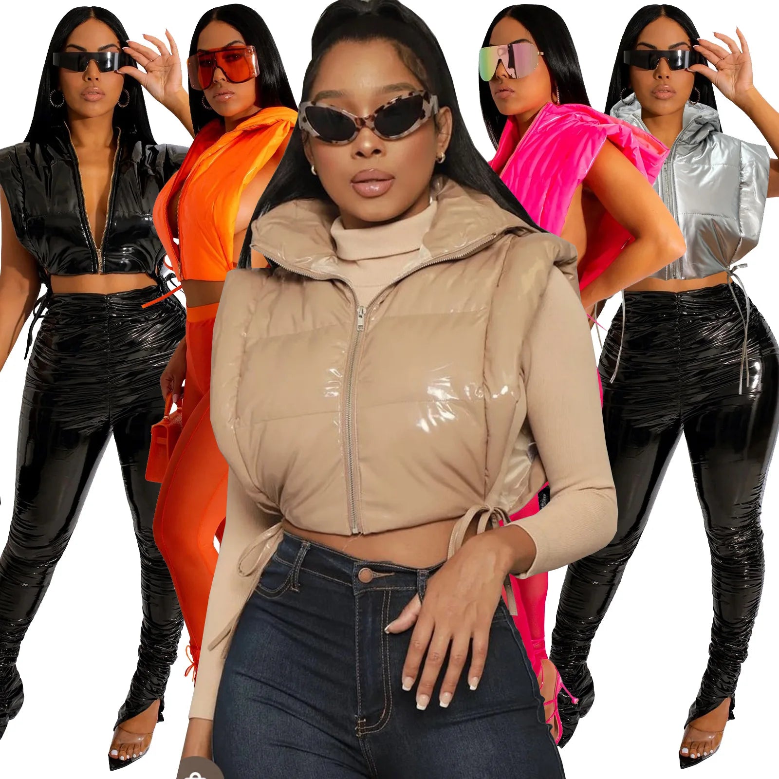 Sexy Side Slit Hooded Puff Jacket Vests Women Bandage Zipper Up Crop Tops Winter Autumn Casual Solid Clothes Streetwear