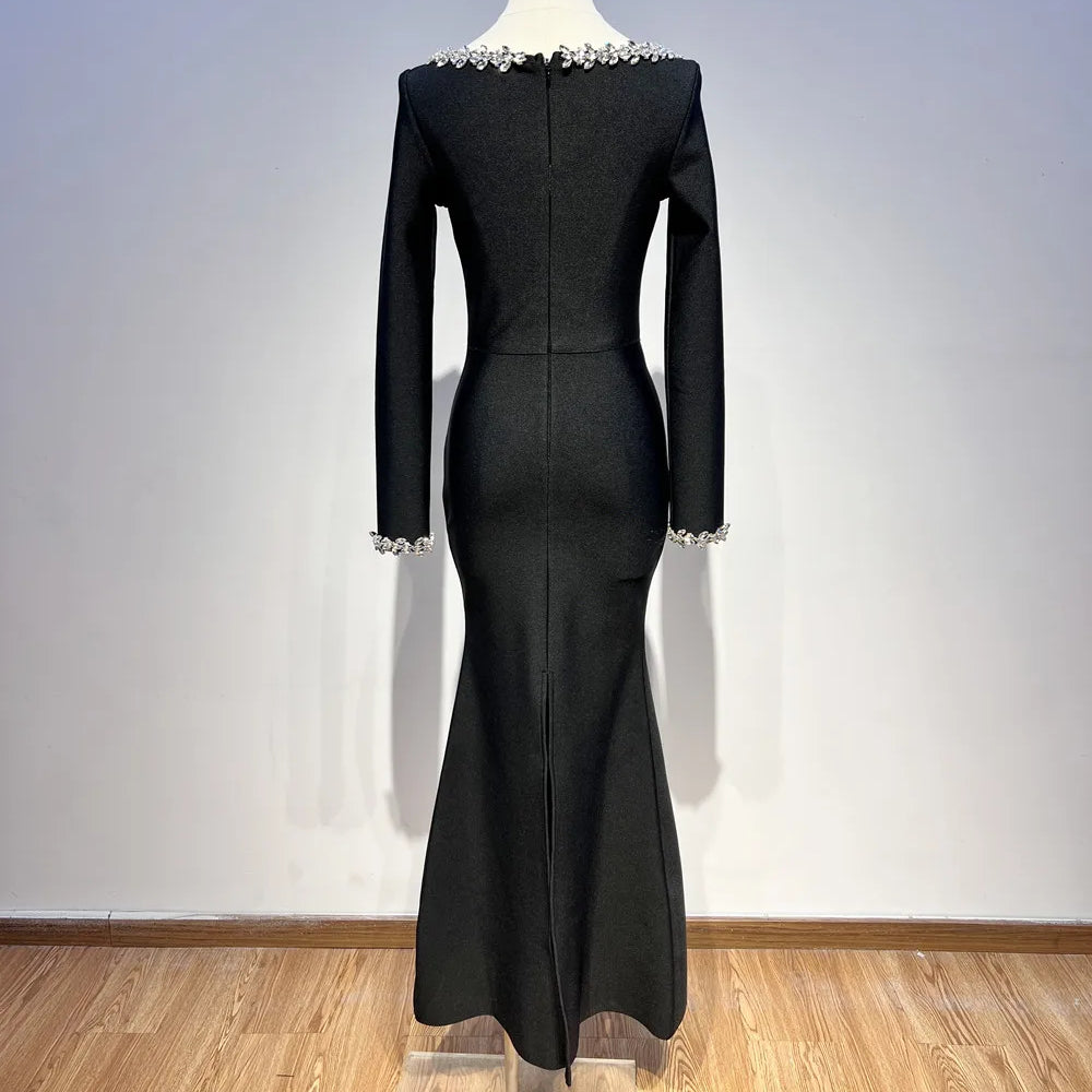 Spring Women Long Sleeve Square Collar Sparkly Crystal Bodycon Long Bandage Dress Celebrate Evening Party Outfit