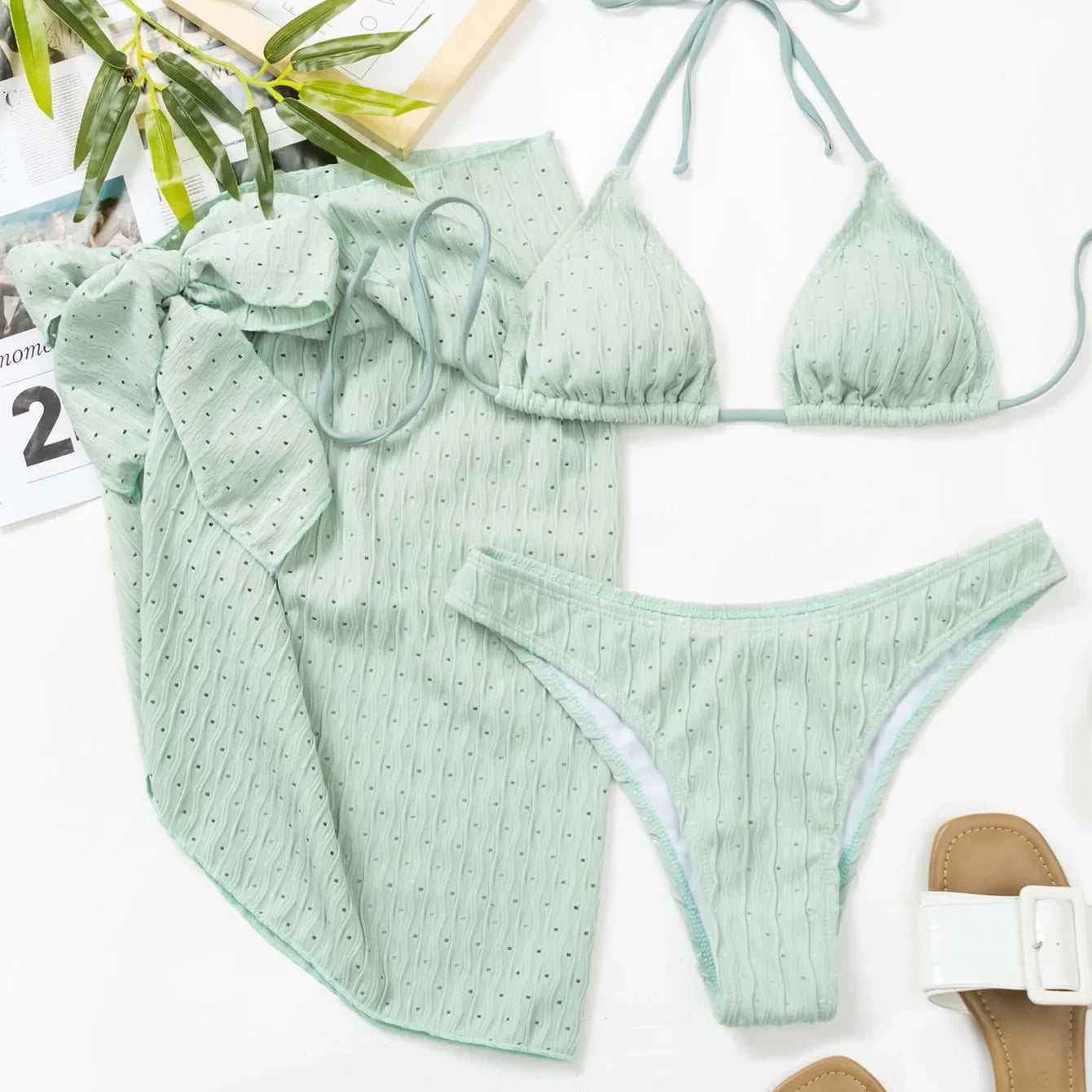 2023 New 3 Pieces Set Swimsuit Women Thong Swimwear Sexy Micro Bikini Set With Sarong Skirt White Beachwear Bathing Suit Pink light green