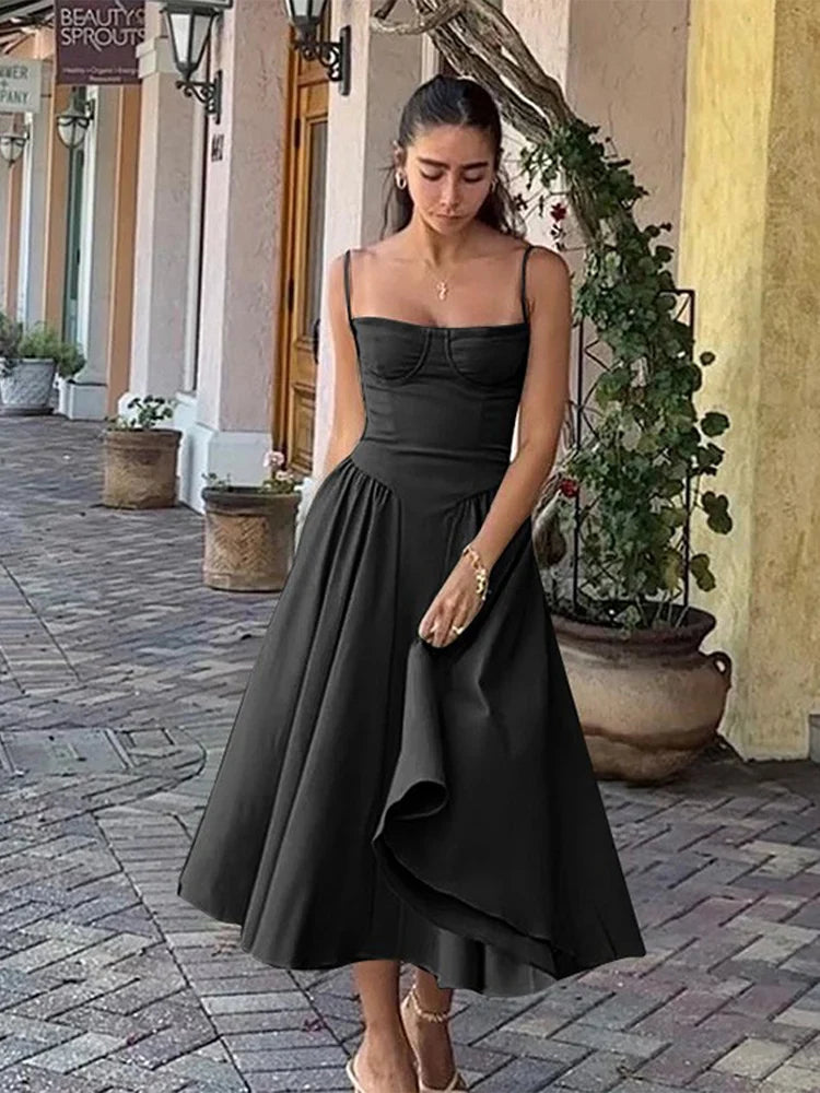 Women Sexy Solid Sling Midi Dress Fashion Sleeveless Backless Pleated Hem Dresses Summer Female Party Evening A-line Robes Black