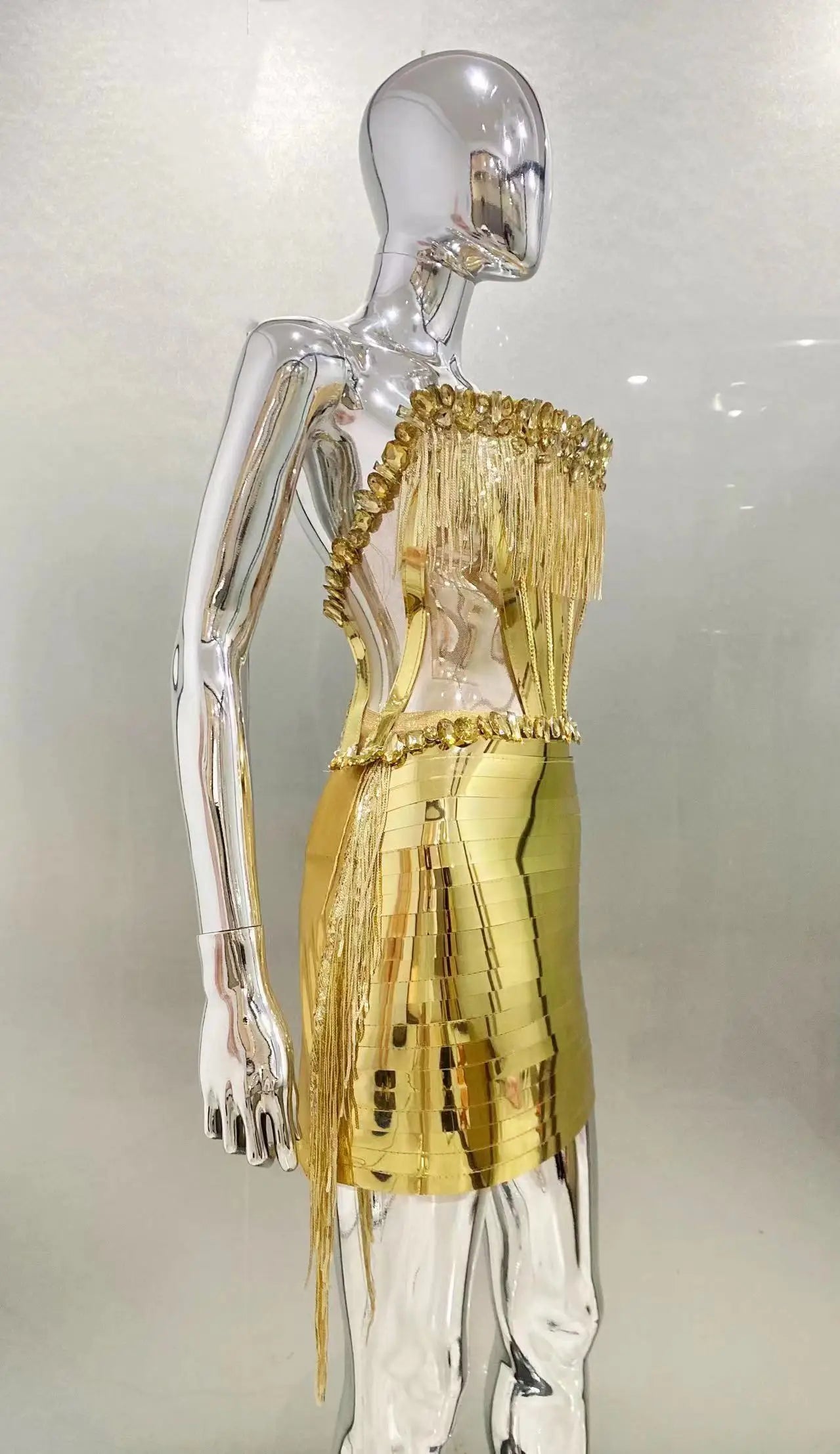 Gold Color Women Sexy Strapless Shinning Crystal 2 Pieces Bodycon Mini Dress Nightclub Party Performance Costume Birthday Dress