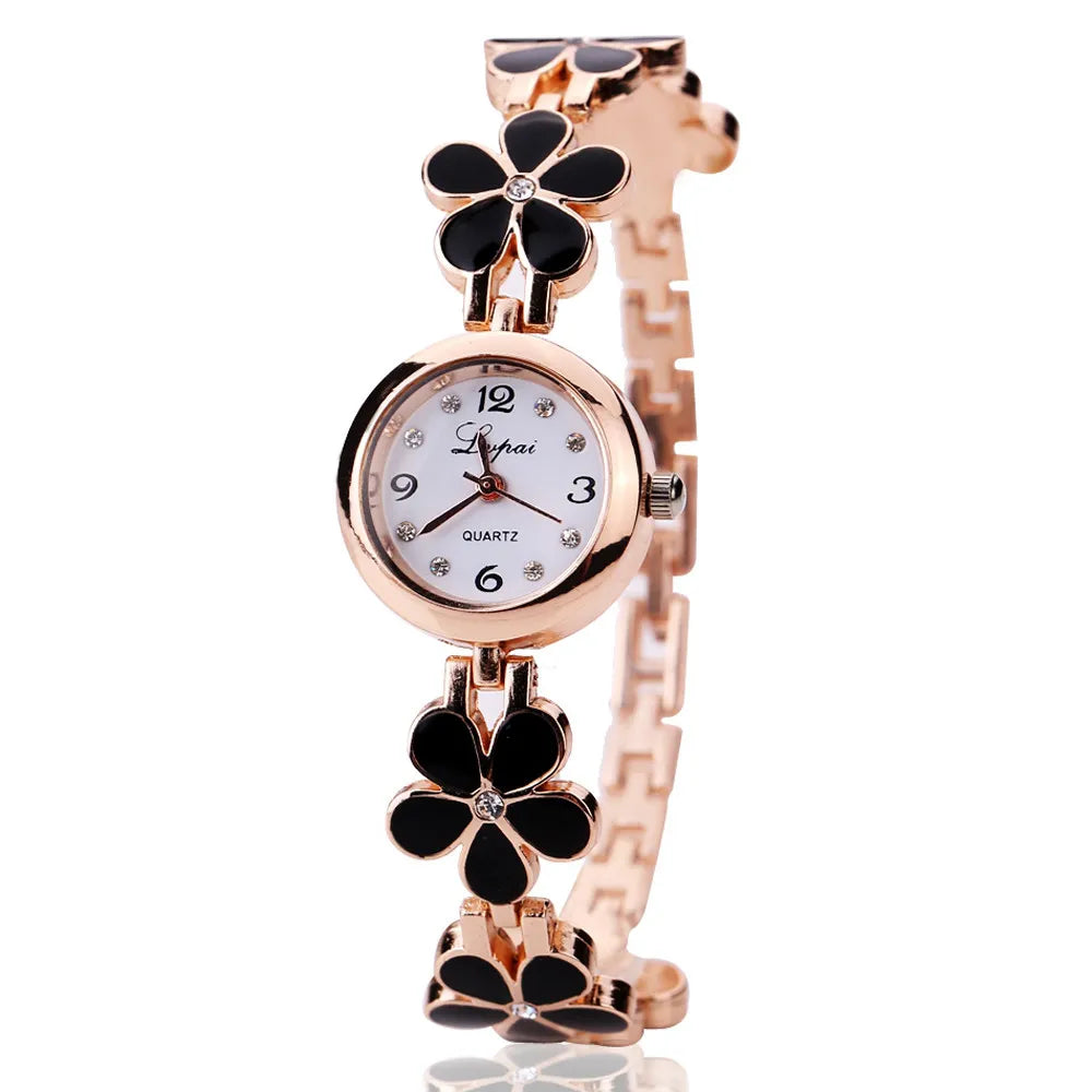 Fashion Small Watches Women Luxury Rhinestone Flower Bracelet Stainless Steel Watchband Dress Female Clock relogio feminino Black
