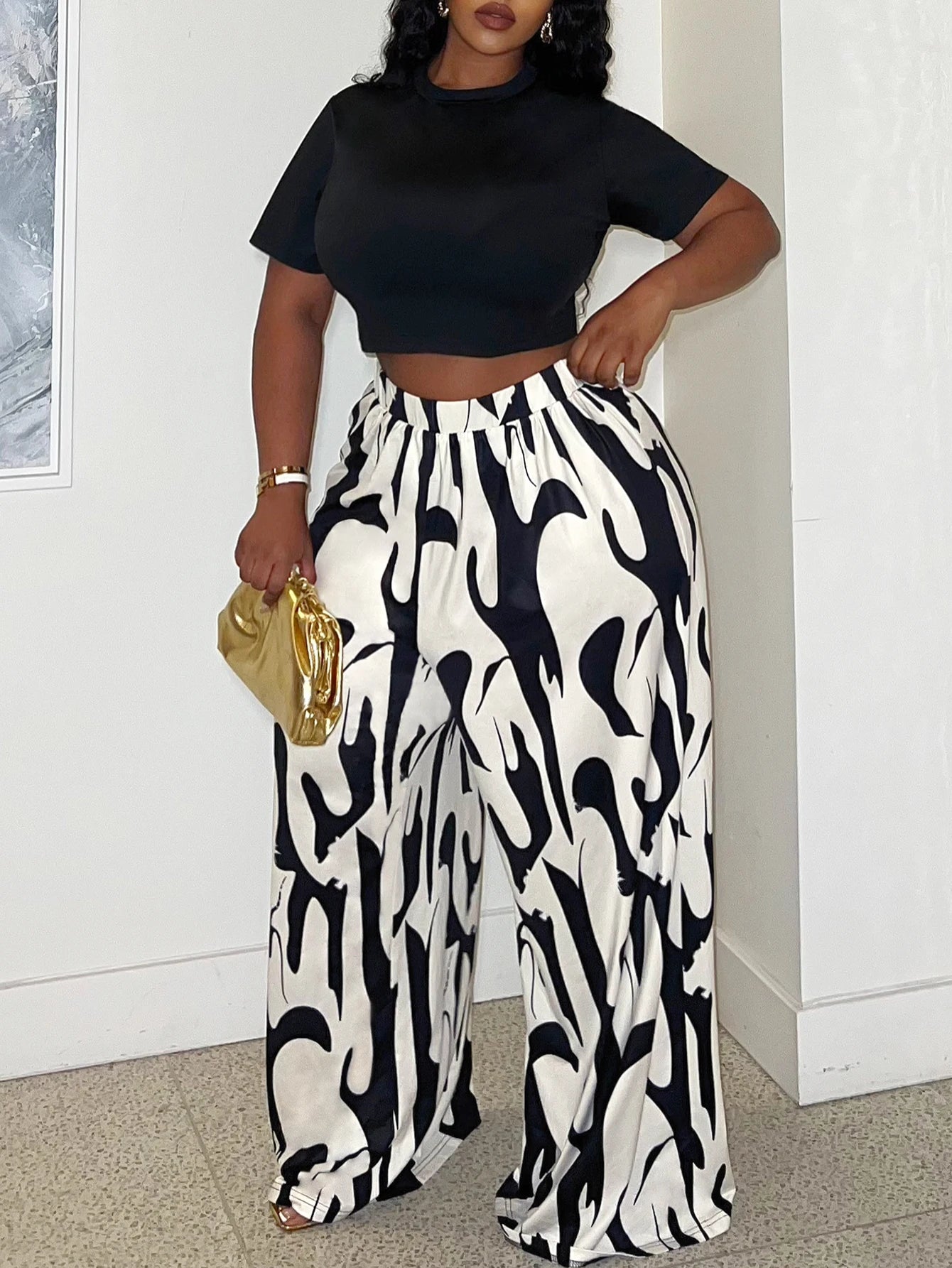 LW Plus Size Two pieces sets Round Neck Print Wide Leg Pants Set short sleeve T-shirt + loose pants suit casual women's matching