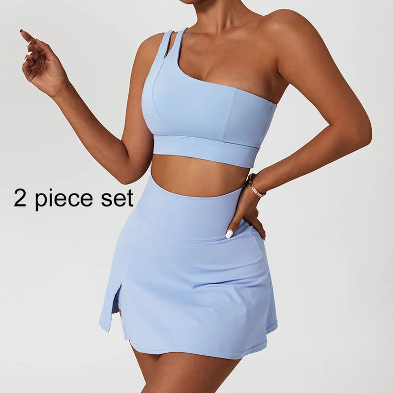 Yoga Skirt Set Women Workout Sport Gym Wear Suit High Wais Fitness Crop Top Female Tennis Sportswear One Shoulder Bra Blue-Set