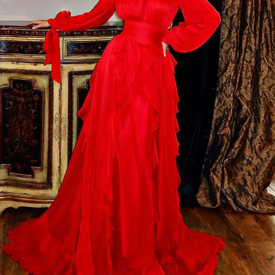 Solid Loose Midi Dresses for Women Round Neck Long Sleeves Patchwork Lace Up Temperament Dress Female Clothing New