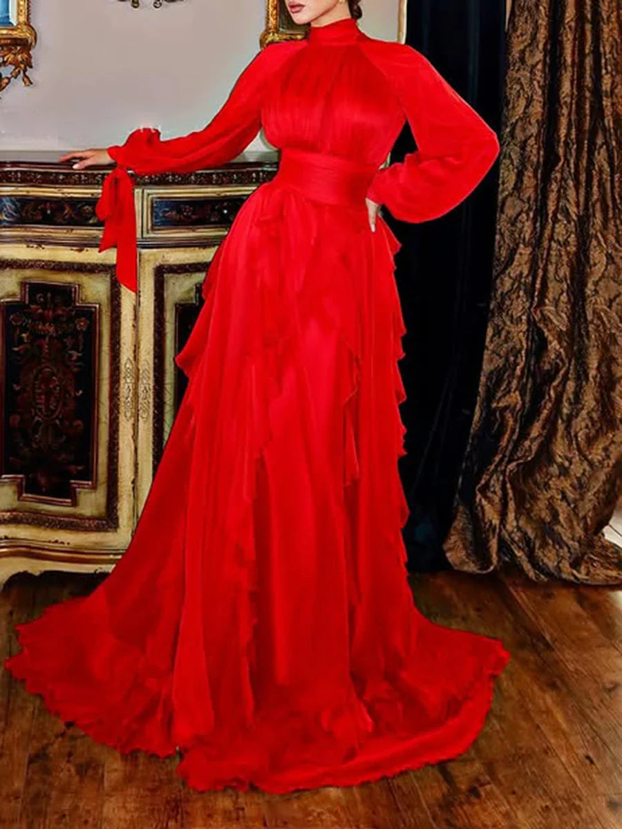 Solid Loose Midi Dresses for Women Round Neck Long Sleeves Patchwork Lace Up Temperament Dress Female Clothing New