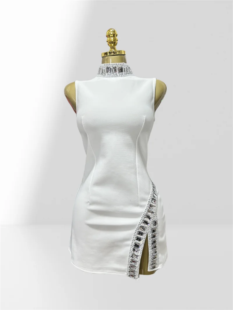 New Summer Super shining Diamonds O-neck Sleeveless Bandage Mini Dress Fashion Woman Birthday Party Dress Music Festival Outfit