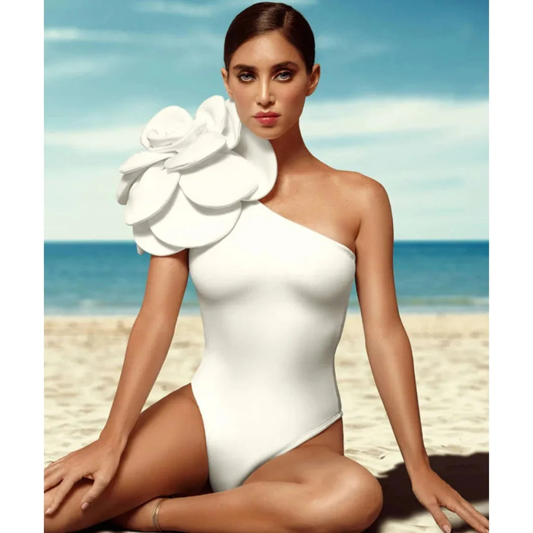 Solid Yellow Women Sexy 3D Flower One Piece Swimsuit Swimwear Off Shoulder Beachwear Summer Monokini Surf Wear Bathing Suit C-one piece