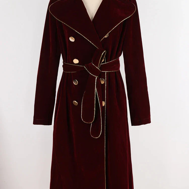 Spring Autumn Long Black Velvet Trench Coat for Women with Gold Trim Sashes Double Breasted Luxury Designer Fashion 2022 Burgundy