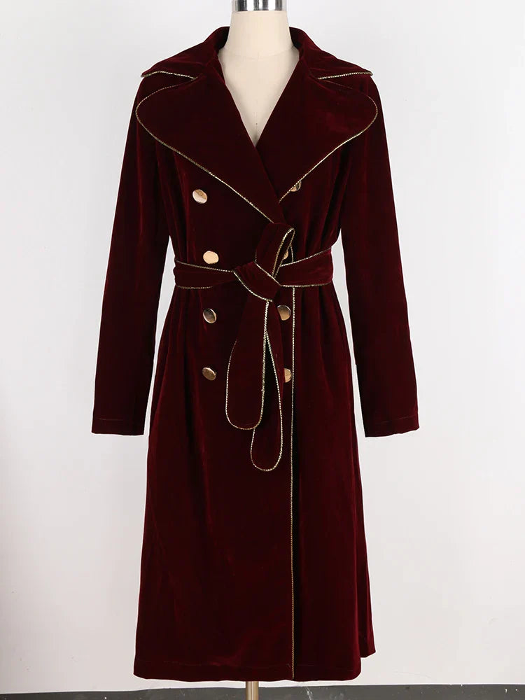 Spring Autumn Long Black Velvet Trench Coat for Women with Gold Trim Sashes Double Breasted Luxury Designer Fashion 2022 Burgundy