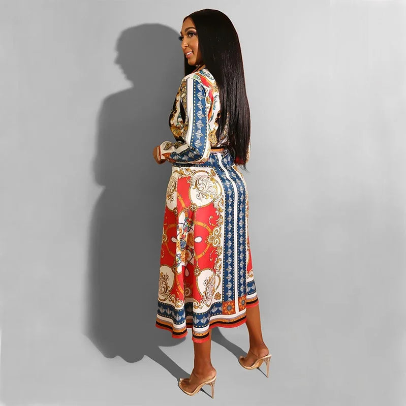 2020 Spring Summer Mid Calf Dress Long Sleeve Print Casual Beach Sashes Bandage Night Club Party Loose Midi Shirt Dresses GL887