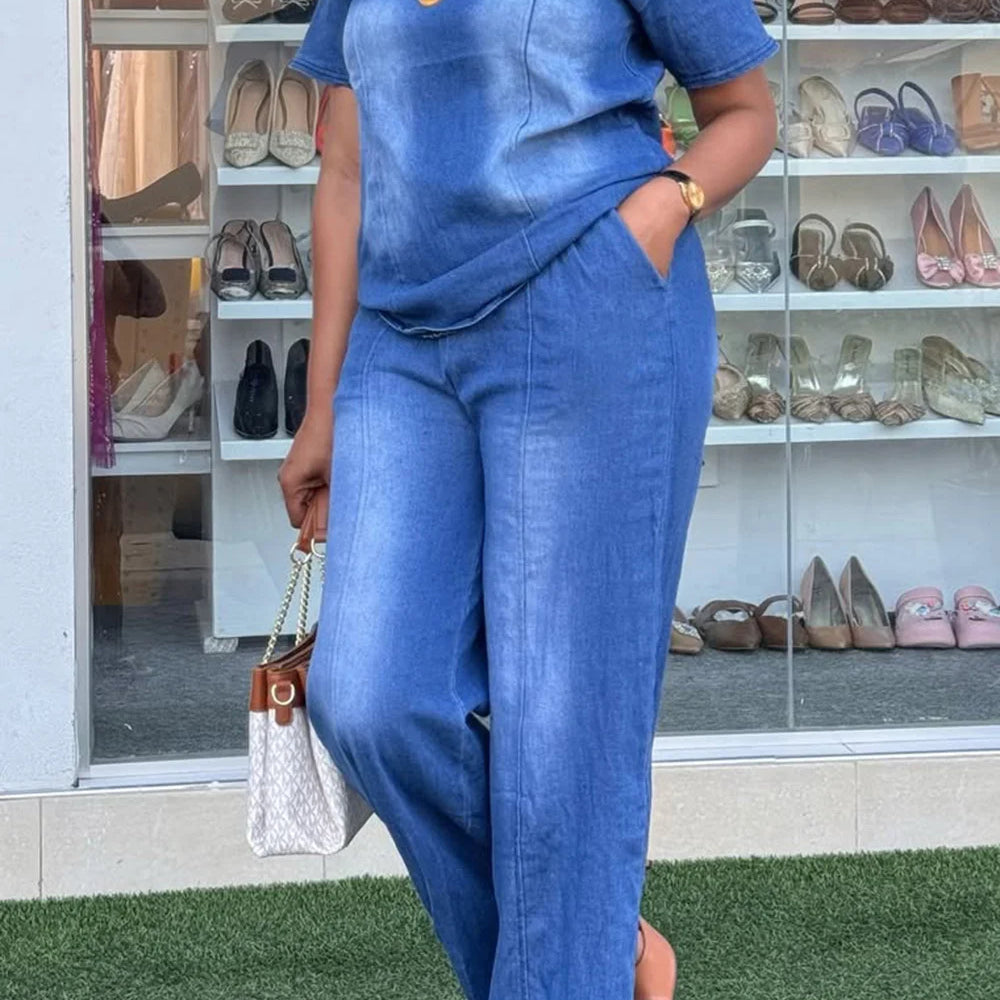 Plus Size Vacation Blue Casual Round Neck Short Sleeve Pocket Tencel Denim Two Piece Pant Sets