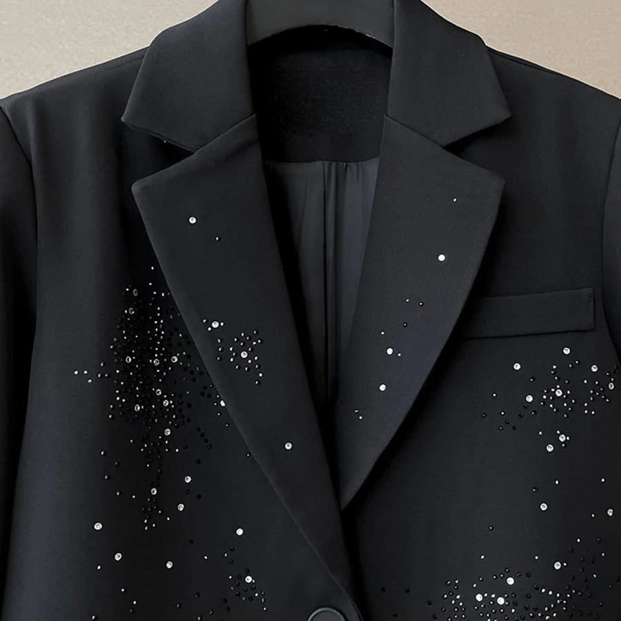 TWOTWINSTYLE Solid Loose Spliced Bead Fashion Blazers for Women Lapel Long Sleeves Patchwork Single Breasted Blazer Female New